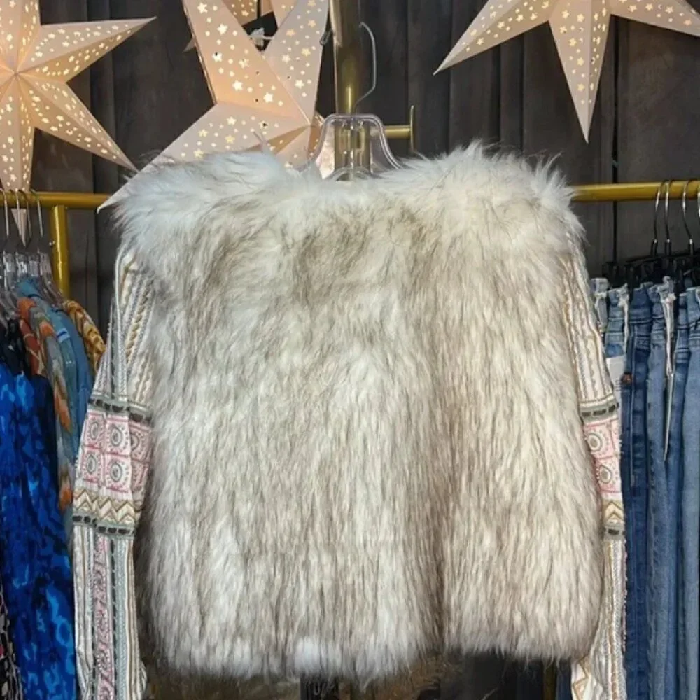 Bl^nk London x Anthropologie NWOT Embroidered Beaded Cropped Faux Fur Jacket XS